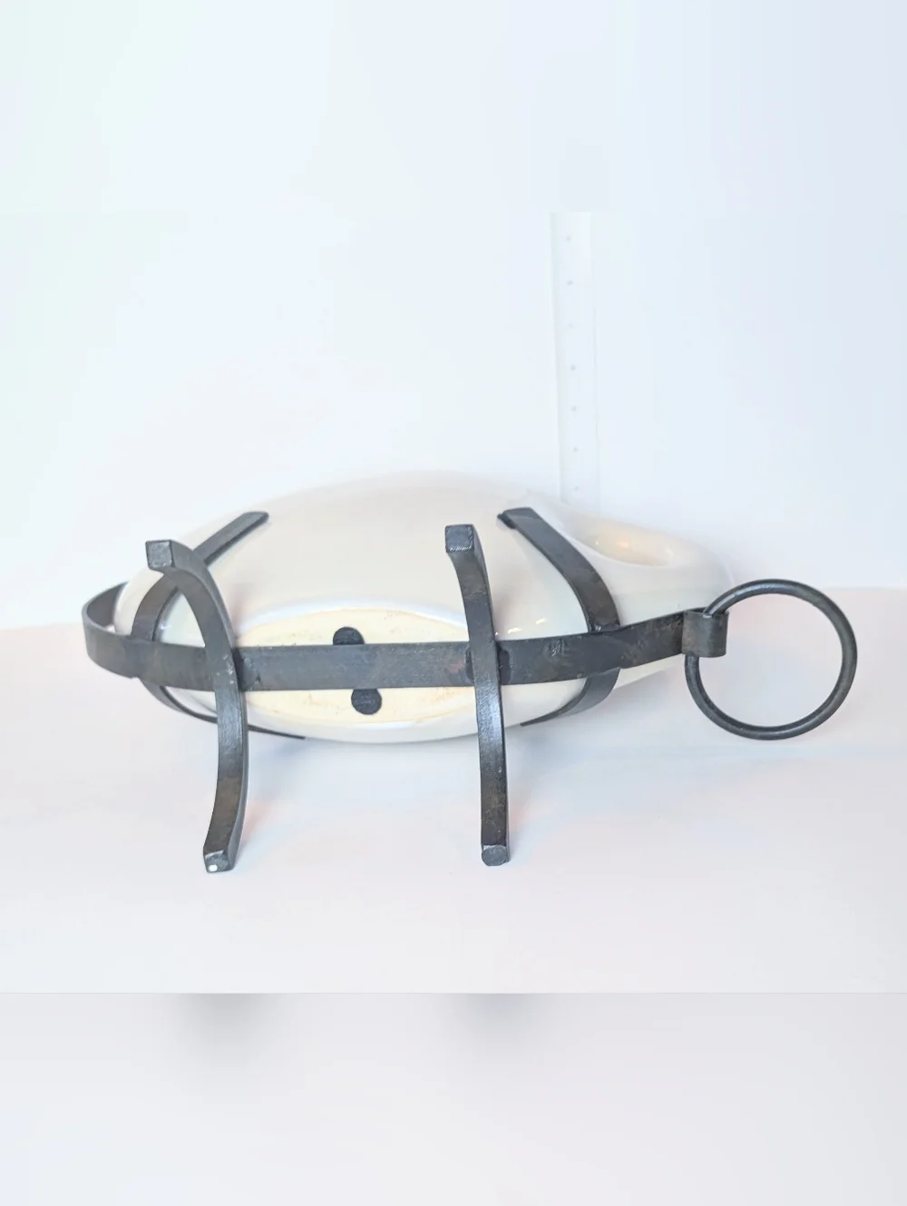 Vintage Minimalist Round Ceramic Flask Vase in Cream‎ Mid-century Modern Iron